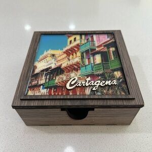 Cartagena Wooden Storage Box with Colorful Lid 6”x6”x2”.